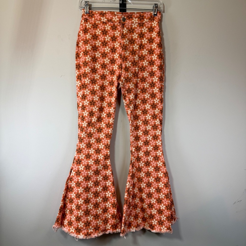 Peach Love Floral Flare Pant Women Small Orange Retro Boho Hippie Festival Disco